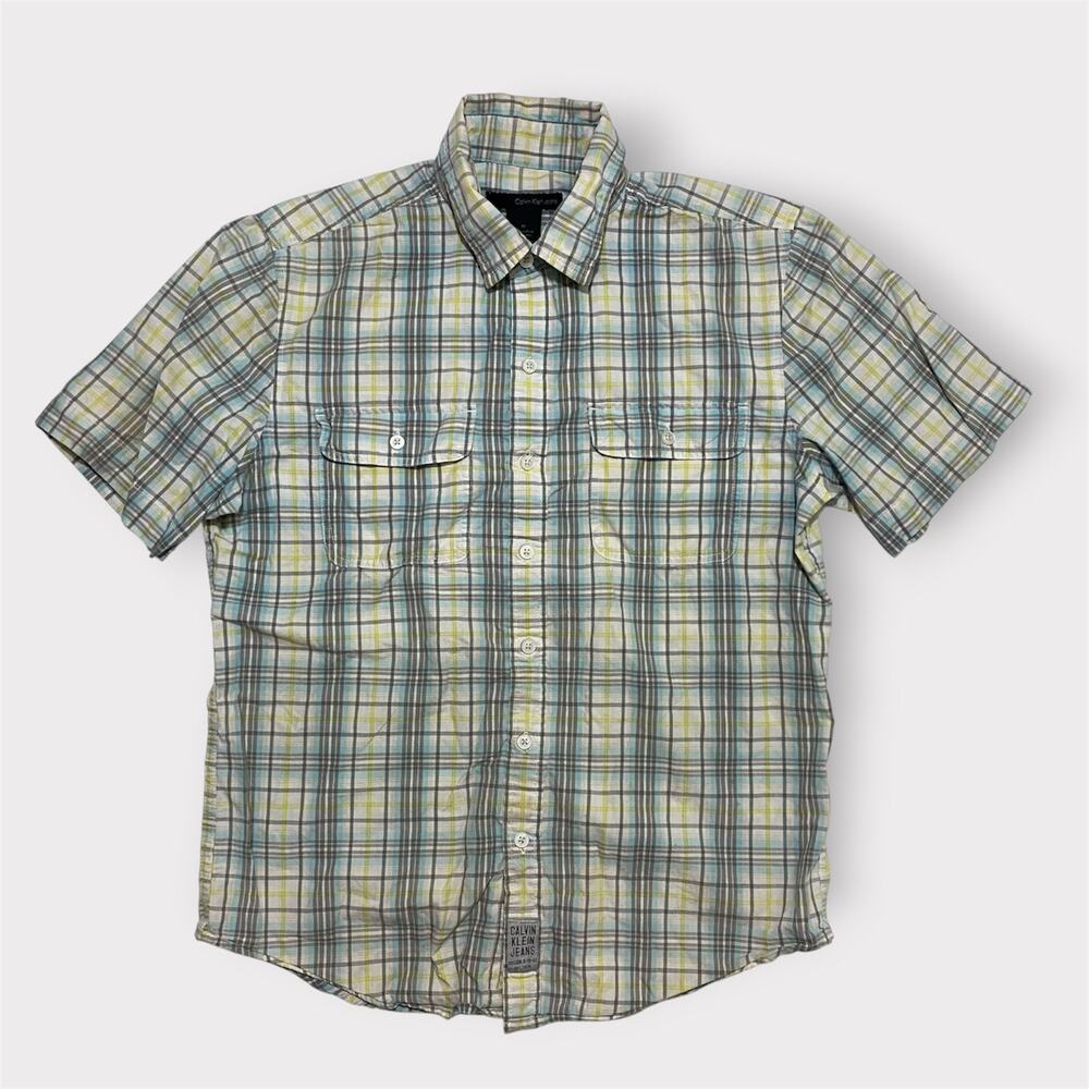 Calvin Klein Jeans Women’s Plaid Short Sleeve Button Down Shirt Green Medium